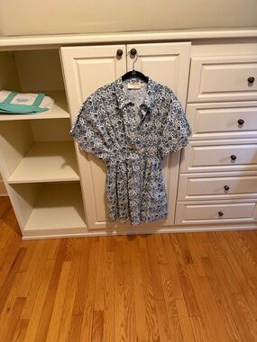 Floral Button-Front Mini Dress in Blue. Size Large.